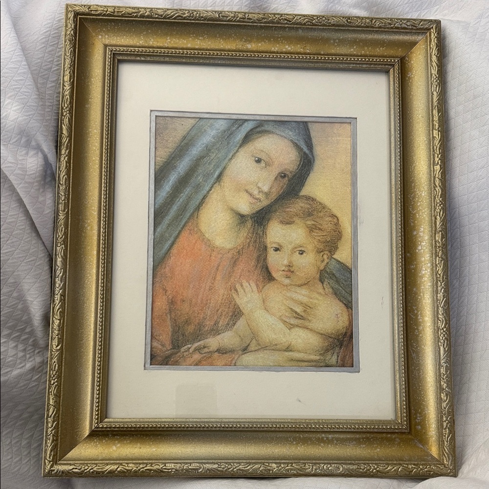 Framed Vintage Religious Artwork Print Madonna & Child. Gold frame 17x14 inches